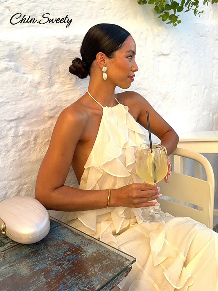 Sexy Ruffles Backless Long Dress Women Y2K Off Shoulder Lace Up Sleeveless White Dresses 2025 Summer Beach Party Loose Robes