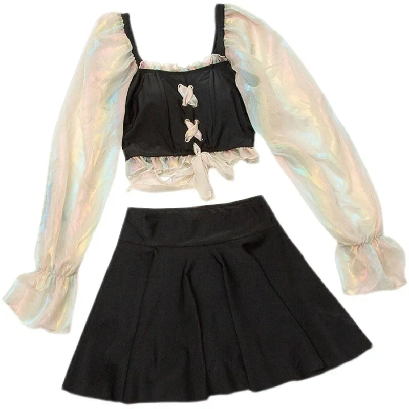 New Korean 2 Pieces Swimsuit Women Short Skirt Net Bikini Band Hollowed Out Bikini Bow High Waisted Bikini Swimwear