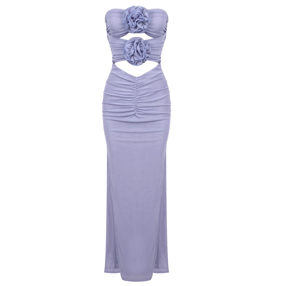 VC 2024 Summer New Light Purple Strapless Flower Bloom Midi Dress Sexy Spicy Girl Style Hollow Out Ruched Dress for Women