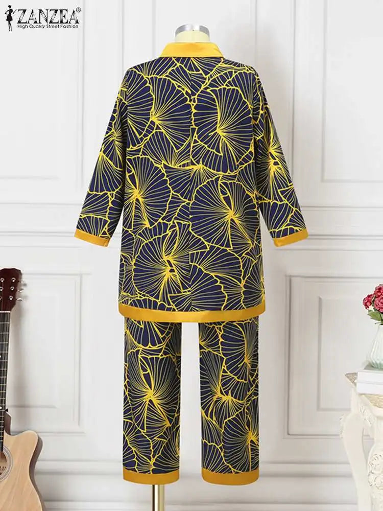 Fashion Retro Printed 2pcs Pant Sets ZANZEA Holiday Long Sleeve Lapel Shirts Outfits Elegant Women Long Trouser 2023 Tracksuit