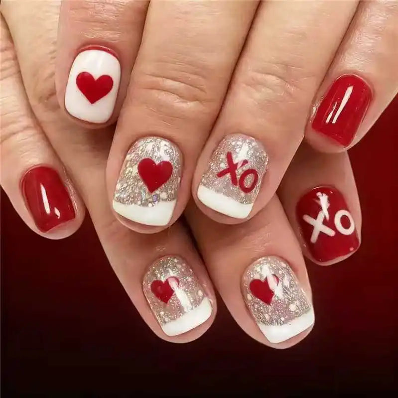 Sweet Girls Pink Fake Nails Short Square Valentine's Day Press On Nails Love Heart/Dot Printed Glossy Sequins False Nails Art