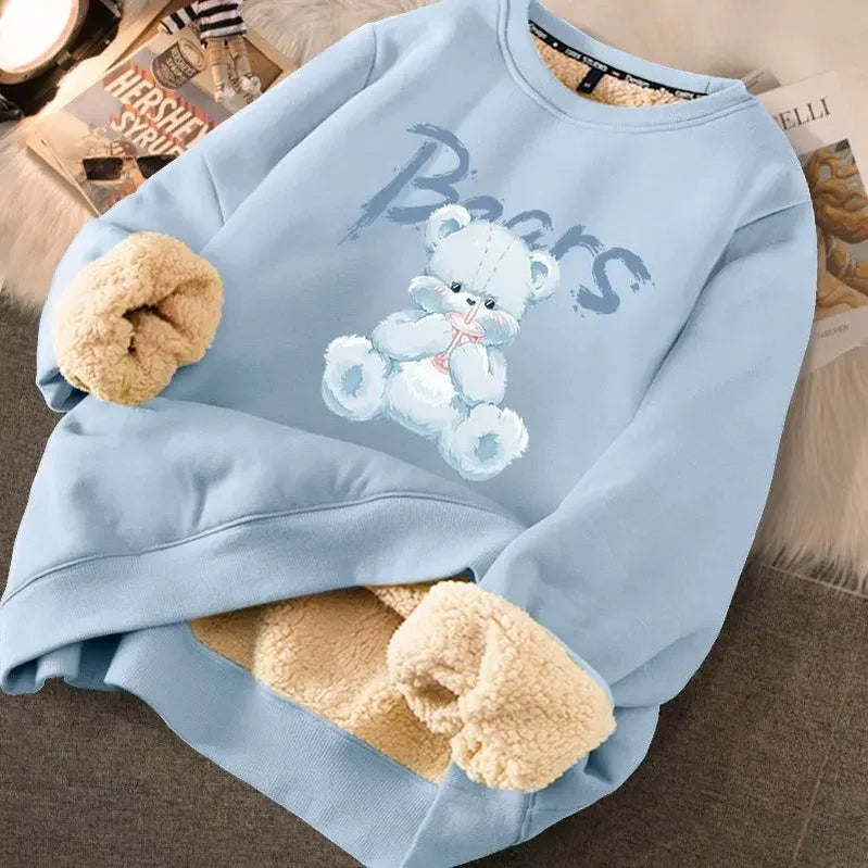 FIGOHR Cute Fleece Warm Hoodies Women Rabbit Thicken Thermal Sweatshirts Printed Loose Sweatshirts for Autumn/Winter BEAR BLUE