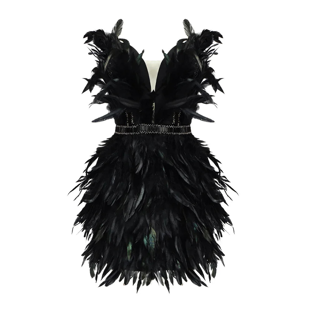 VC Women'S Luxury Party Dress Black Feather Design Strapless Prom Short Formal Occasions Dance Dress Summer New black