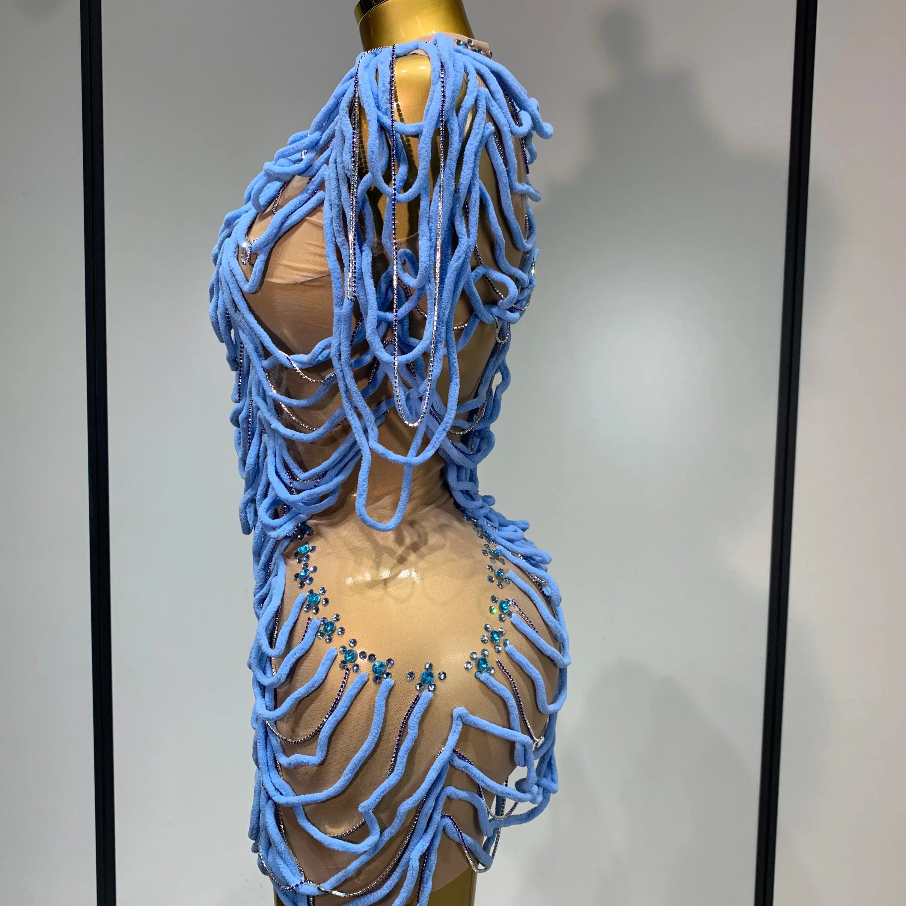 Women Sexy Mesh See Through Sparkly Rhinestones Chain Stage Costume Nightclub Celebrate Evening Party Performance Outfit