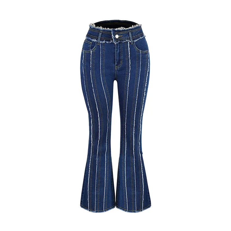 Stretch Jeans Women's Vintage Fashion High Waist Flare Jeans Women Slim Spliced Bell Bottom Streetwear Wash Denim Trousers Dark Blue