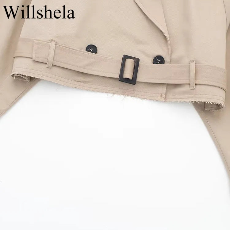 Willshela Women Fashion With Belt Cropped Trench Jacket Vintage Notched Neck Long Sleeve Female Chic Lady Coat Outfits