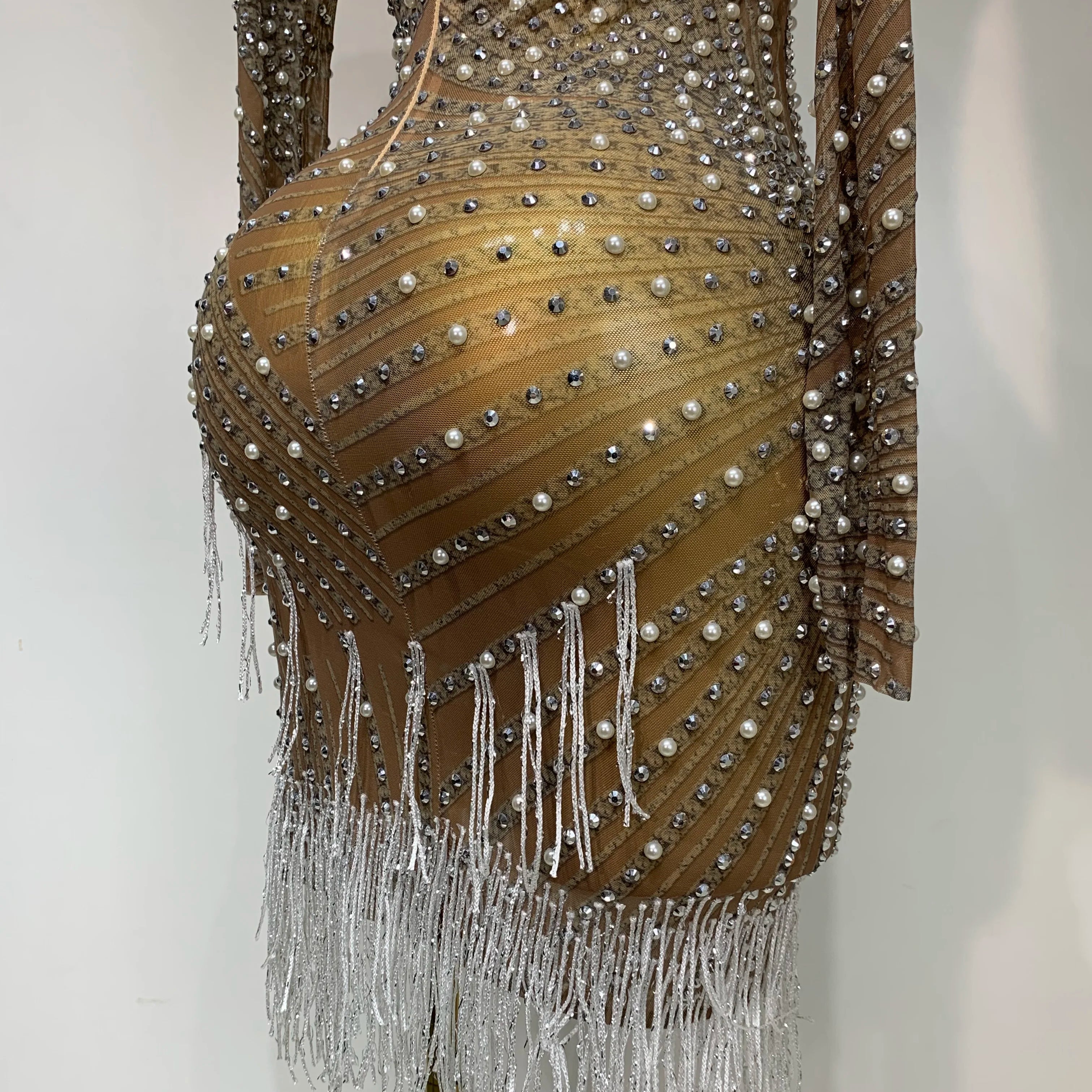 Luxury Rhinestone Tight Short Dress Women Long Sleeve Evening Party Prom Gown Birthdy Nightclub Performance Costume Stage Outfit