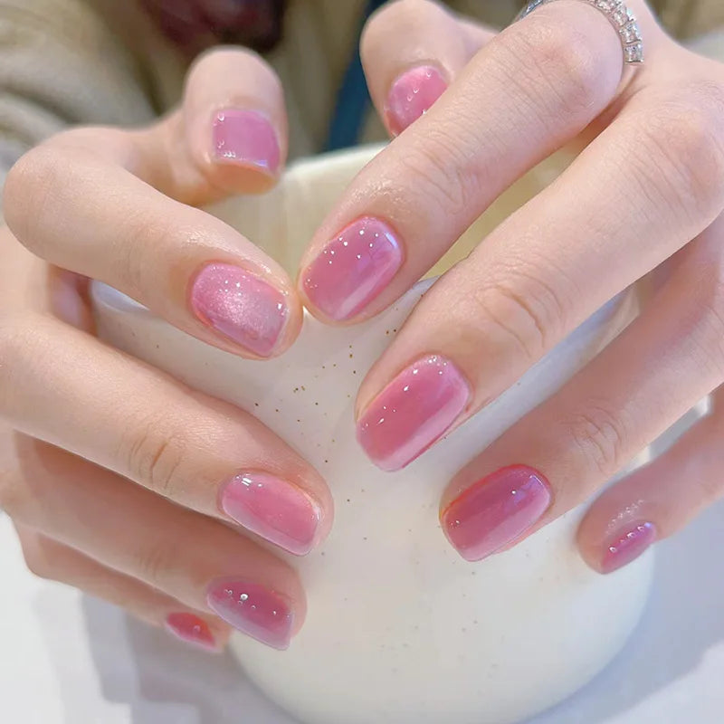 24Pcs French Shiny Cat Eye Fake Nail with Silver Edge Design Short Square Nails Wearable Finished Manicure Jelly Stick on Nails