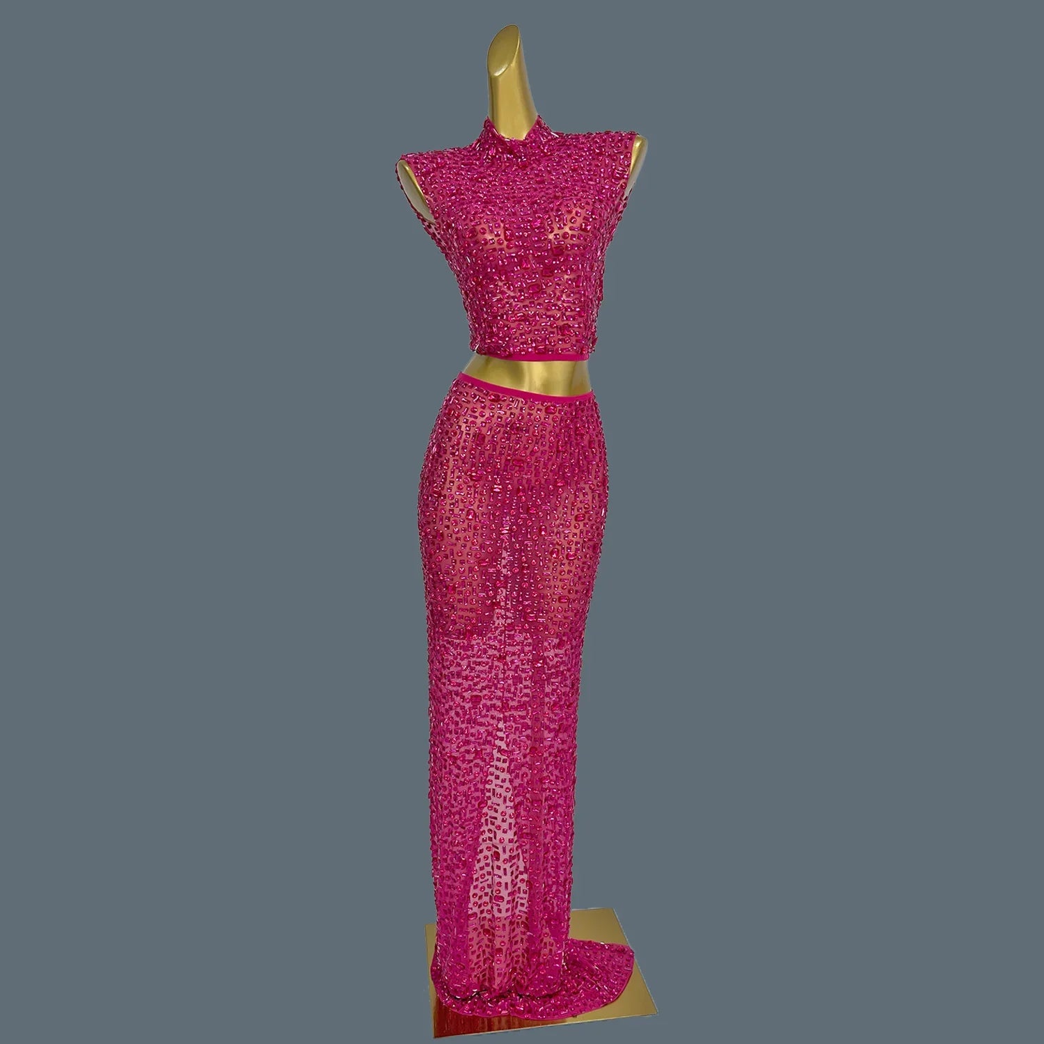 Lady Sexy Two Piece Set See Through Slit Crystal Rhinestone Mesh Dress for Club Party Wear Red Carpet Stage Show Costume Gesebei Rose Red