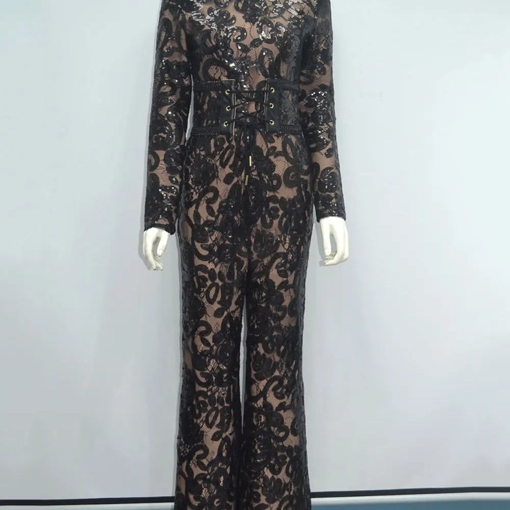 2025 Women'S Light Luxury Sequin Patchwork Bandage Jumpsuit O-Neck Long Sleeved Waistband Flared Jumpsuit Pants Party Jumpsuit