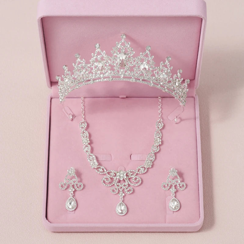 Bridal Jewelry Sets Crown Necklace Earrings Four Pack Silver Colour Women's Fashion Wedding Tiaras TS-0003-G-XL-0007-A Tiaras