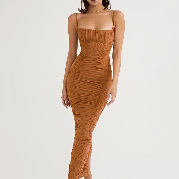 Mozision Elegant Corset Ruched Maxi Dress Women Fashion Spaghetti Strap Sleeveless Backless Zipper Long Dress Vestido