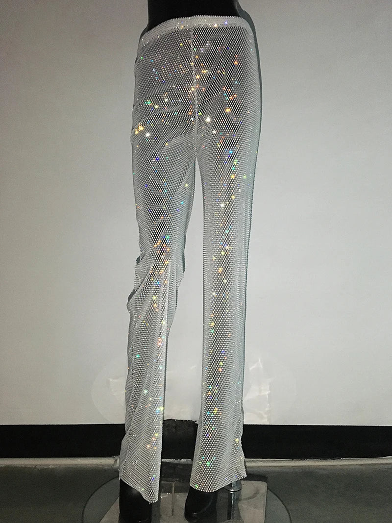 Fashion Sexy Glitter Crystal Diamonds Fishnet Women Pant See Through High Waist Pant Female Loose Hot Girl Party Clubwear White One Size