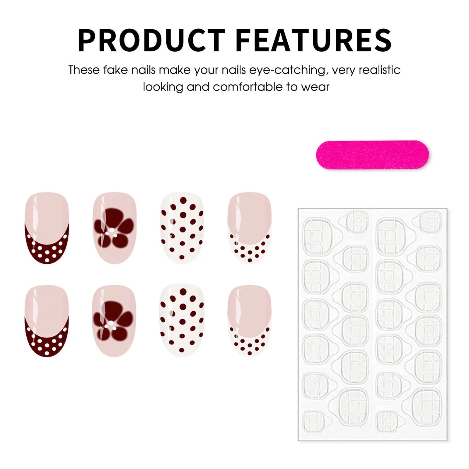24Pcs Red Brown French Press on Nails Polka Dot Flower Printed Short Oval Shaped Fake Nails Nude Color Charm Manicure Nails Art