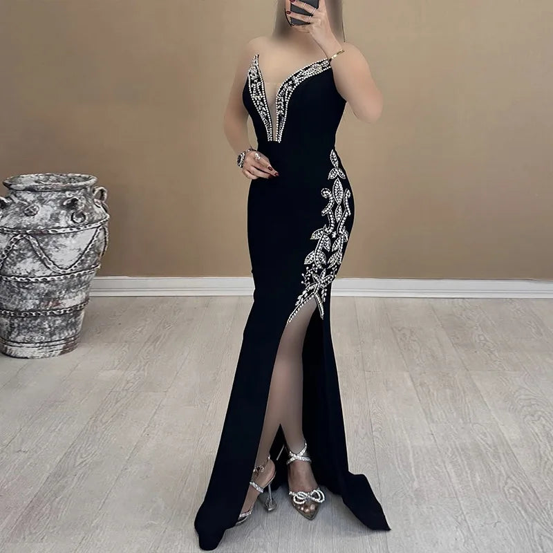 Women Shinning Crystal Strapless Off the Shoulder Bodycon Long Bandage Dress Elegant Evening Party Birthday Outfit