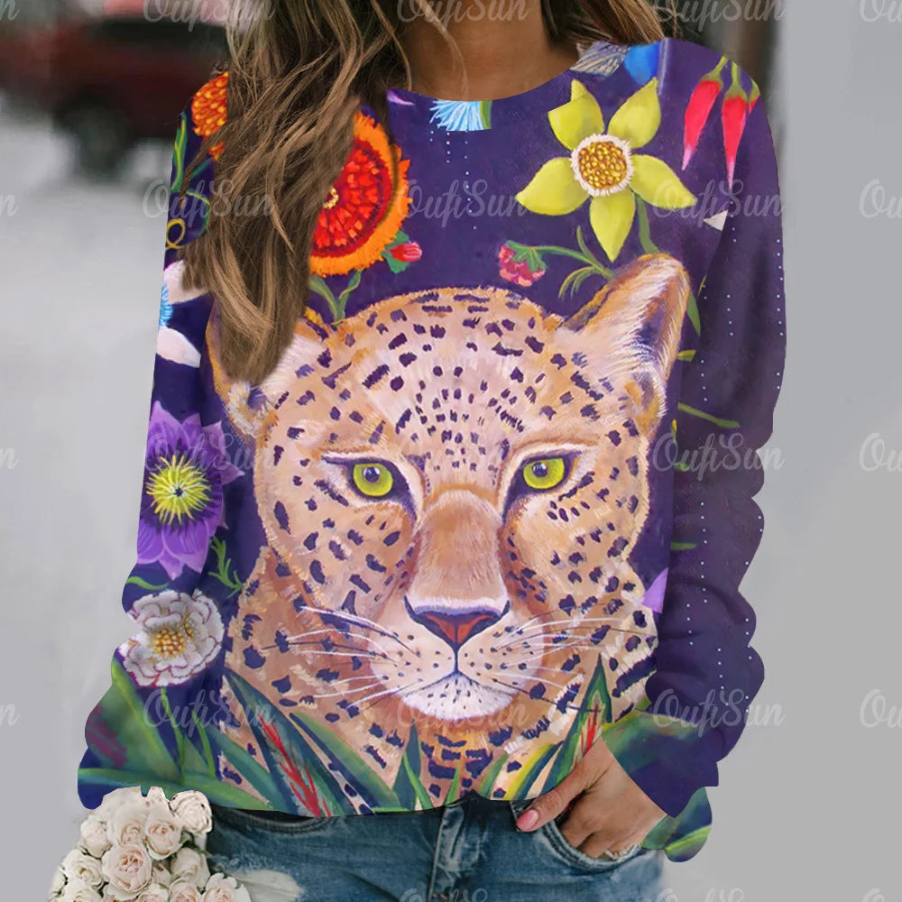 Vintage Long Sleeve Tops Woman Gothic T-Shirts Autumn Fashion Clothing Lager Sized Casual Animal Print Sweatshirts Female Tees