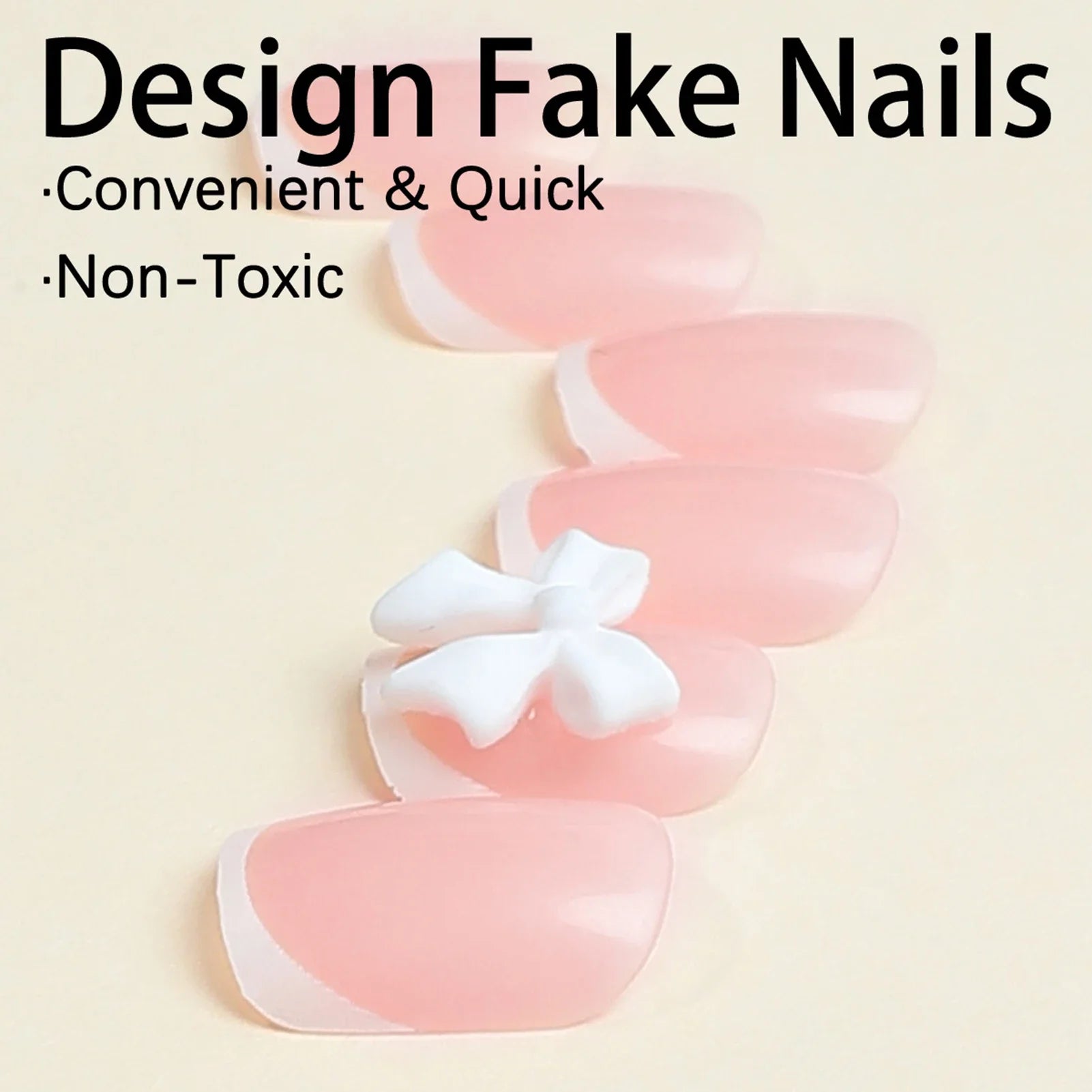 Short Square Blush Pink Fake Nails 24Pcs Sweet Girls Press On Nails 3D Bowknot/Crystal Decor Korean Fashion Acrylic False Nails