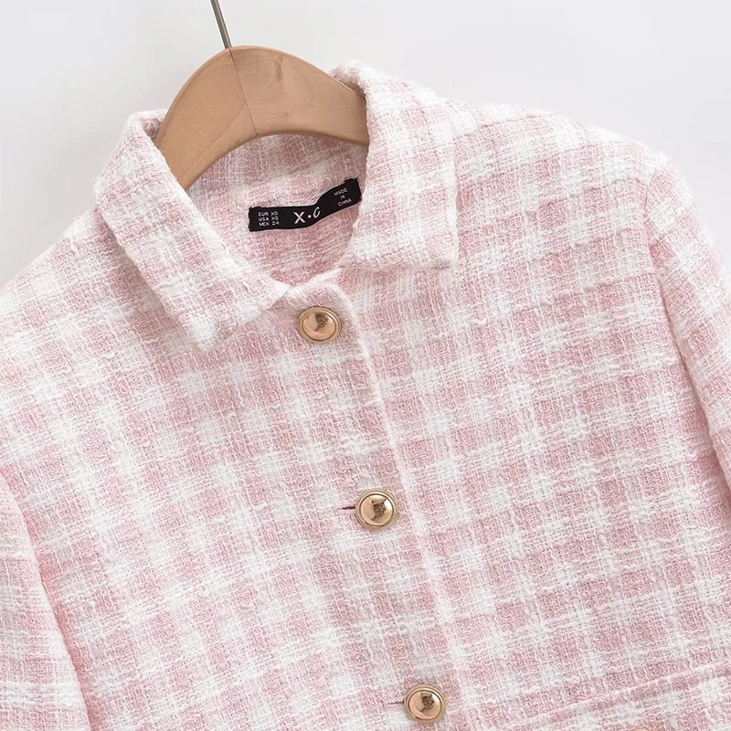 Women's Jacket Autumn Vintage Tweed Blazers Coats Fashion Single-breast Pink Plaid Suit Female New in Outerwears Clothing Top