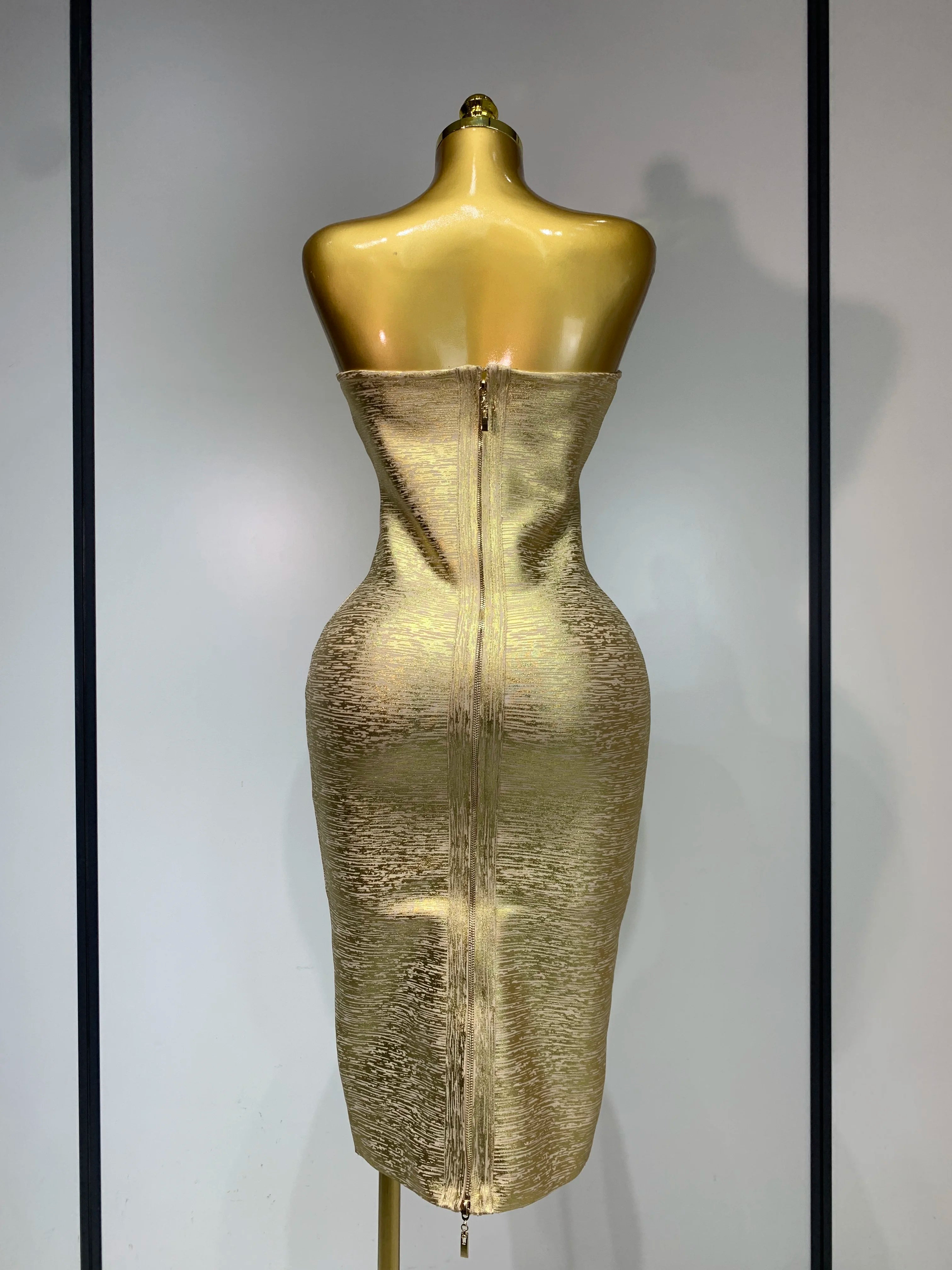 Women Sexy Gold Strapless Bodycon Bandage Dress 2025 Fashion Celebrate Evening Party Luxury Birthday Wedding Guest Dress