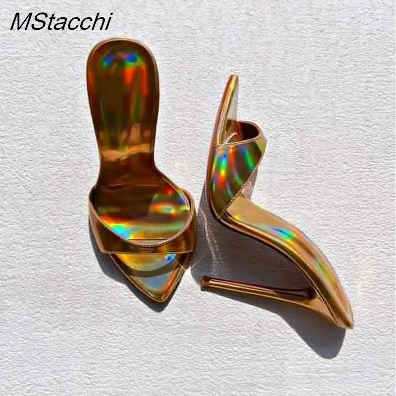 Laser Dazzling Color Sandals For Women Slippers Summer Star Style Very High Heel Shoes Peep Toe Ladies Stiletto Sandals 2025