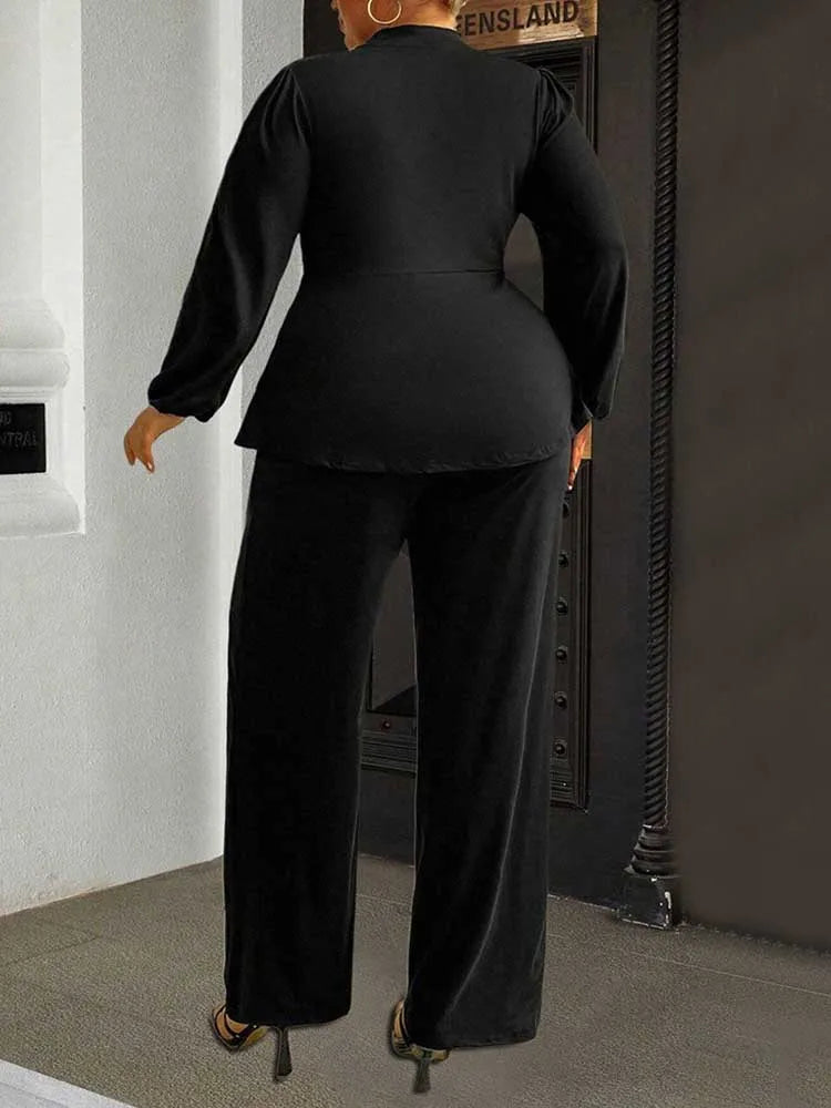 Autumn Plus Size Top and Pant Suit for Women 2 Pieces Pant Sleeve Ladies Pleated Elegant Casual Outfits Wholesale Dropshipping