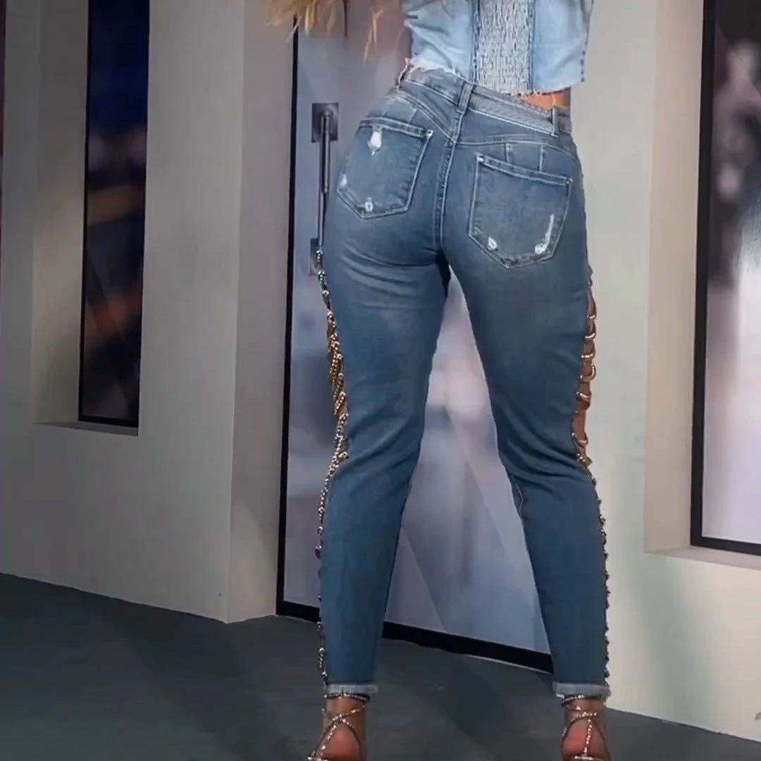 Sexy Skinny Slim Fit High Waist Jeans for Women Trendy Demin Pants Party Peach Button