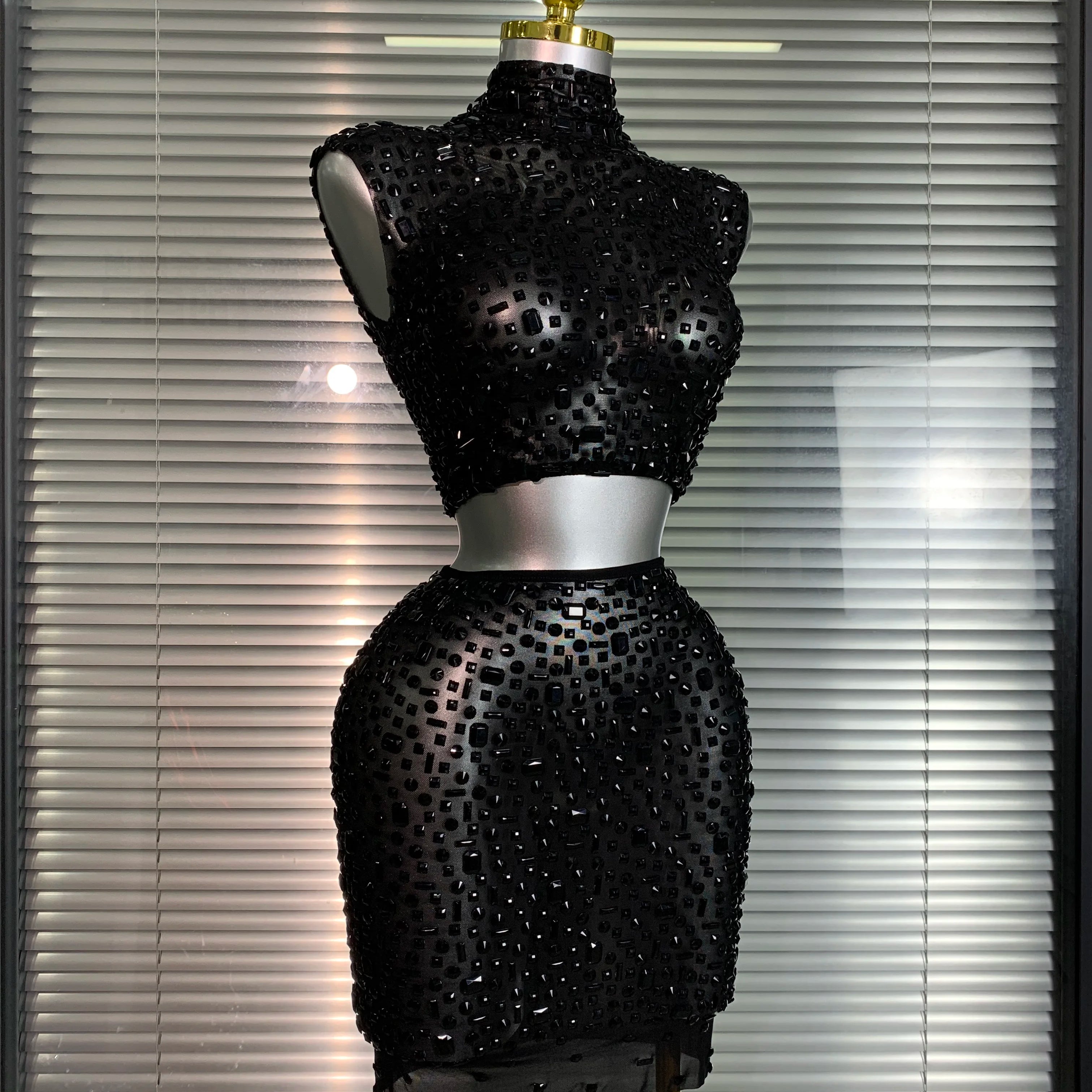 Women Sexy Two Pieces Set Women Black Crystal Diamond Night Club Skirt Suits Singer Dancer See Through Stage Performance Costume