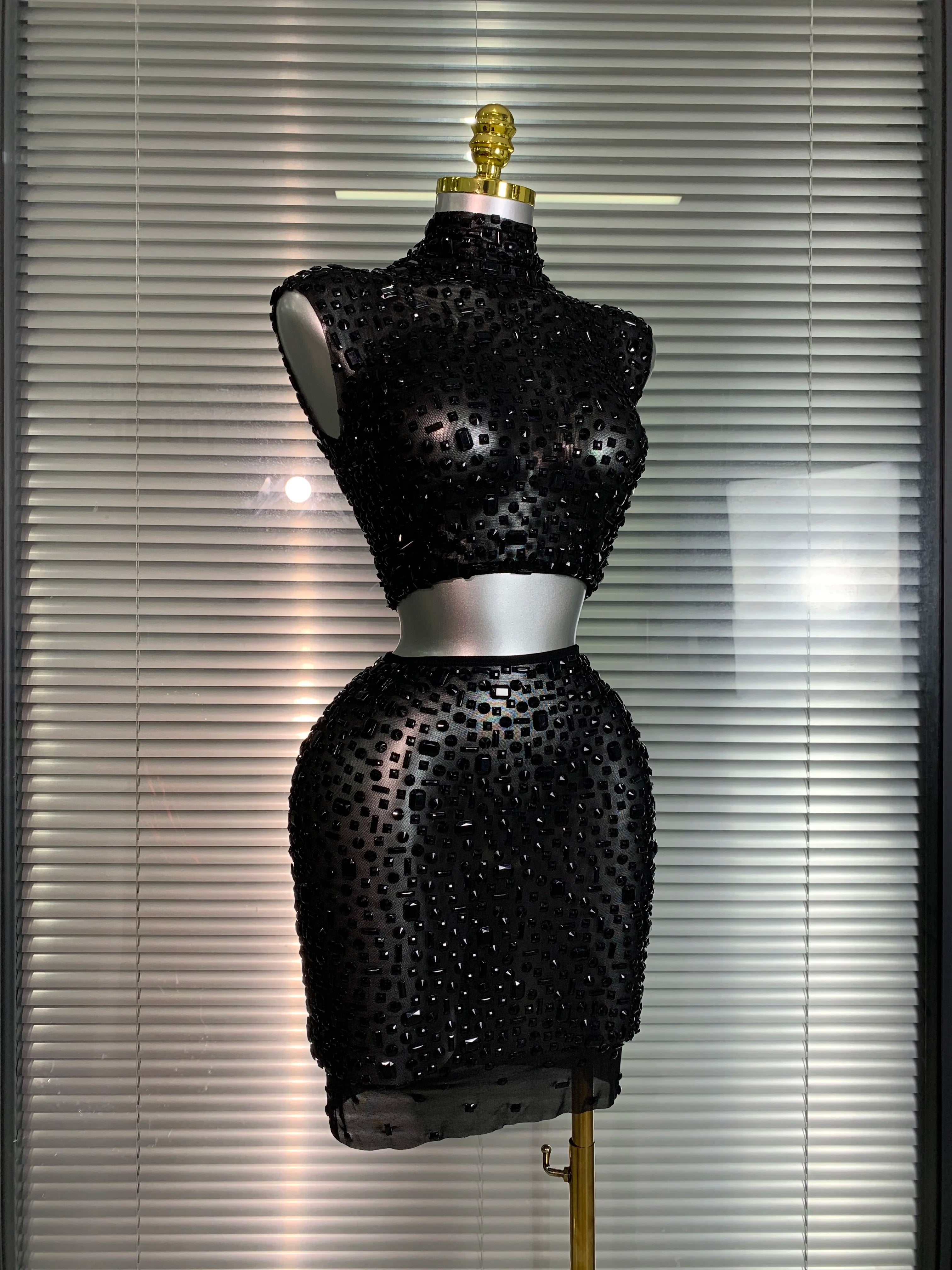Women Sexy Two Pieces Set Women Black Crystal Diamond Night Club Skirt Suits Singer Dancer See Through Stage Performance Costume