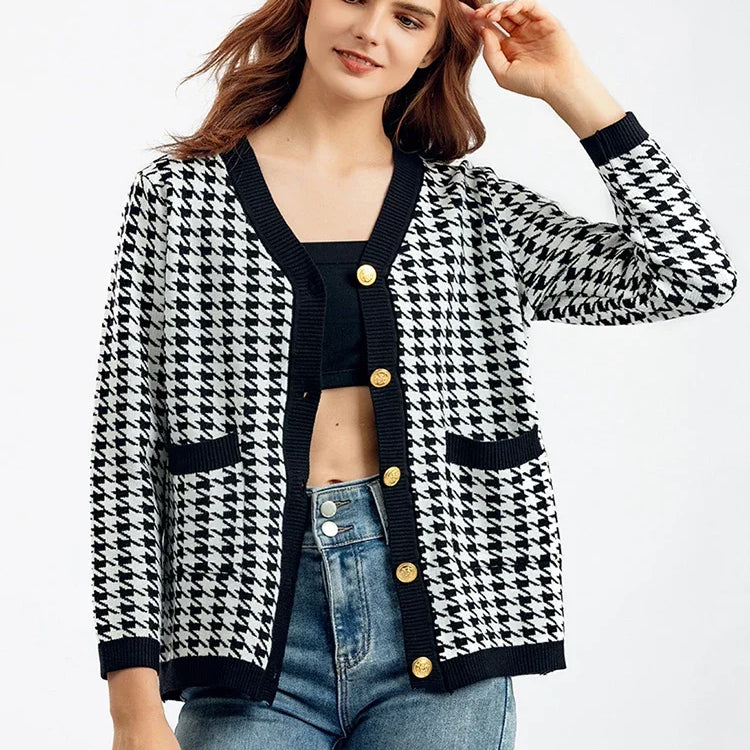 Houndstooth Cardigans Long Sleeve Sweater Women Autumn Winter Clothes Open Stitch Female Outwear Streetwear Knitted Cardigan