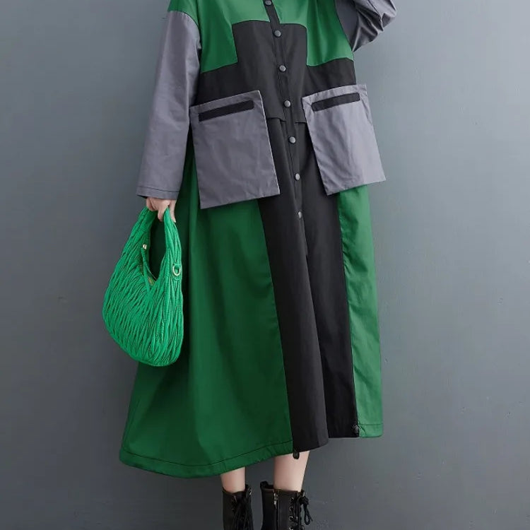 Patchwork Shirt Dresses For Women's Autumn Spring Minority Y2k Contrast big size Dress With Long Sleeve green One Size