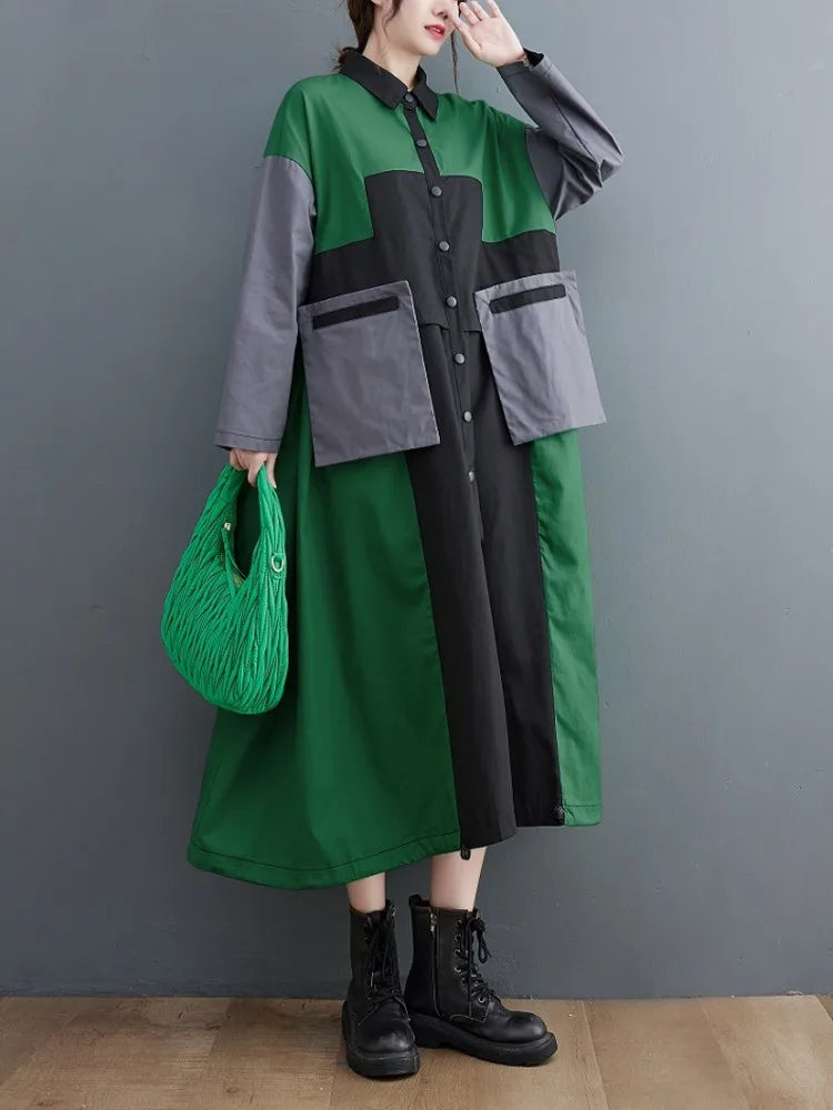 Patchwork Shirt Dresses For Women's Autumn Spring Minority Y2k Contrast big size Dress With Long Sleeve green One Size