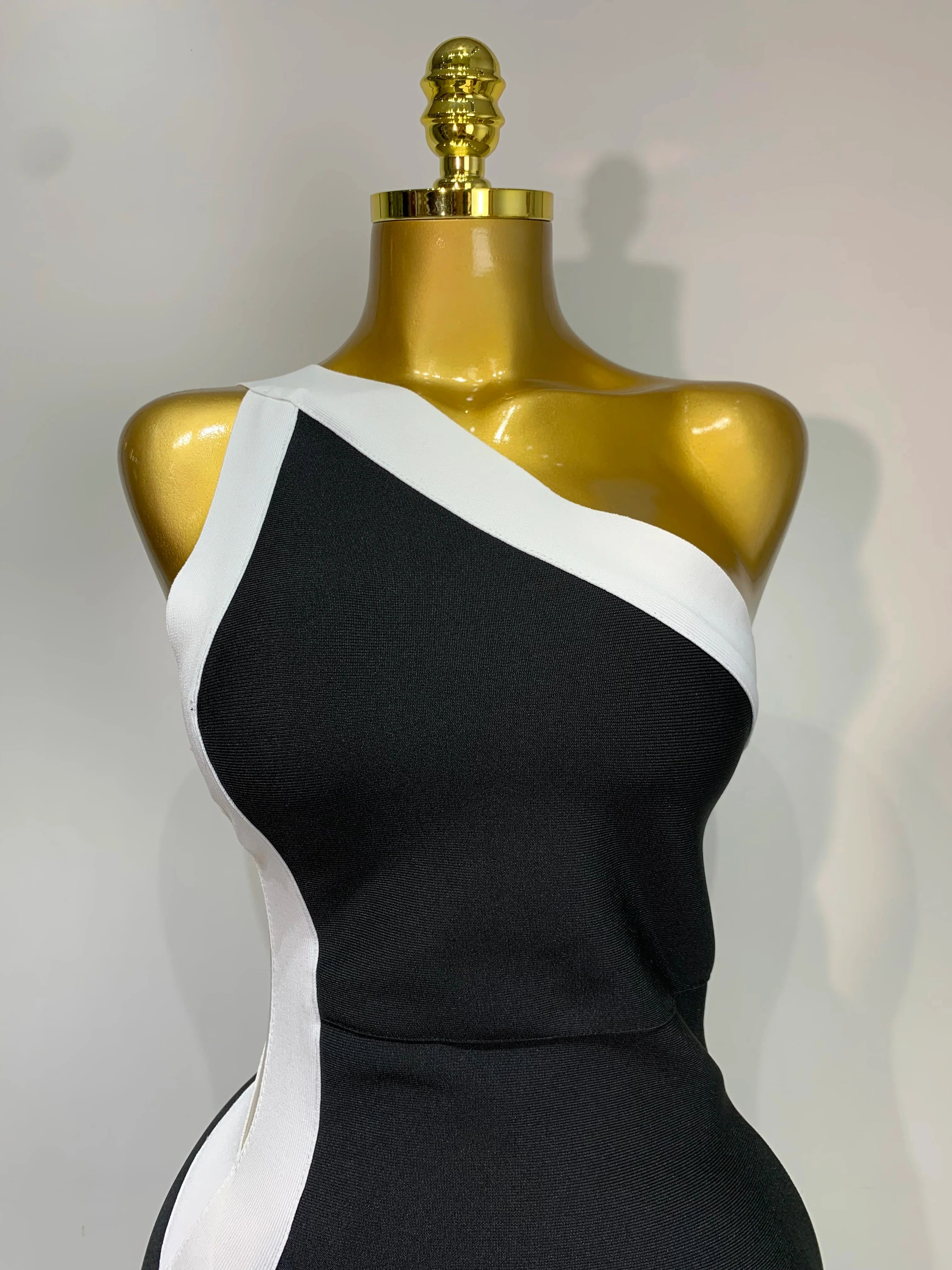 Women Sexy One Shoulder Split Black White Patchwork Bandage Bodycon Dress  Celebrity Elegant Evening Party Birthday Outfit