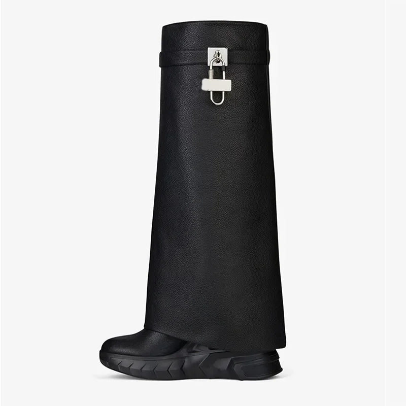 Leather Metal Padlock Woman Knee Length Boots Black Pink Slope Heel Autumn Winter Skirt Boots Size 35-43 Women Shoes 8062Black PU