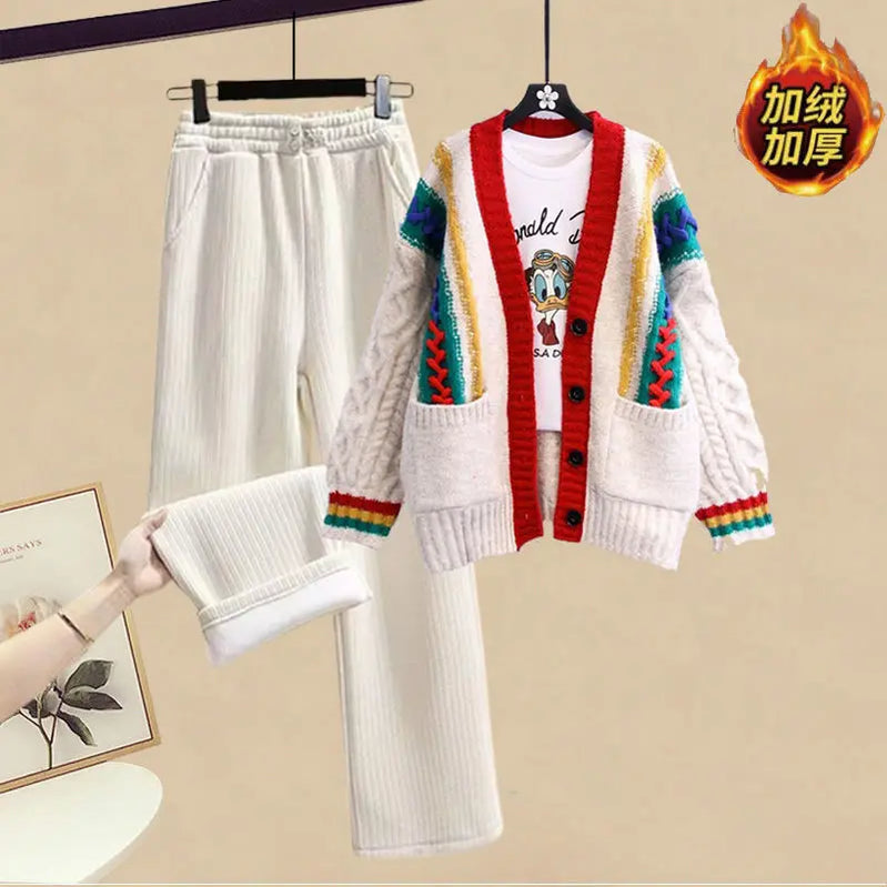 Korean Style Fashion Knitted Sweater Jacket Plush Thickened Wide Leg Pants Two Piece Elegant Women's Pants Set Winter Outfits 2pcs set 01