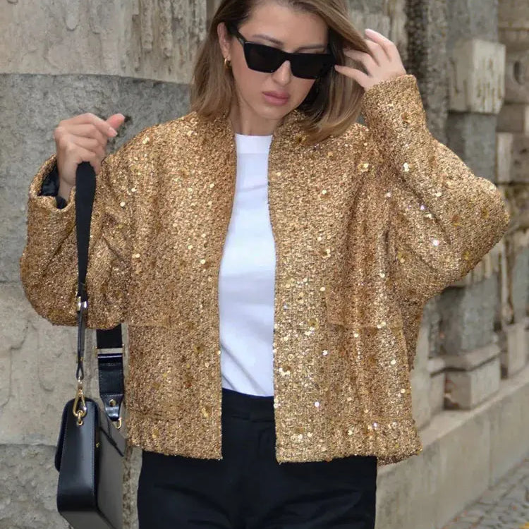 TRAFZA Woman Button Long Sleeve Jacket With Pockets Autumn Chic Outwear Women Sequin Shinny Gold Coat Fashion Streetwear Elegant