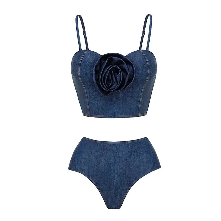 New Off Shoulder 3D Flower denim printed One piece Swimsuit set Shiny Women Swimwear Beachwear bikinis bathingsuit bikini