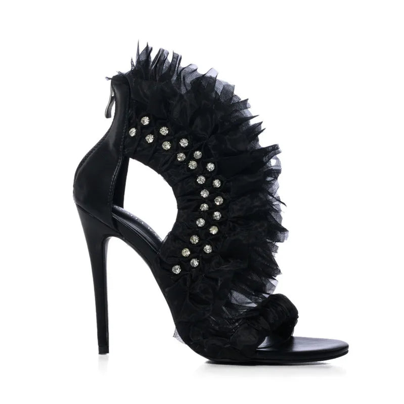 Luxury Rhinestones Lace Ruffle Women Sandals Fashion Satin Stiletto High heels Gladiator Sandals 2024 Summer Party Prom Shoes