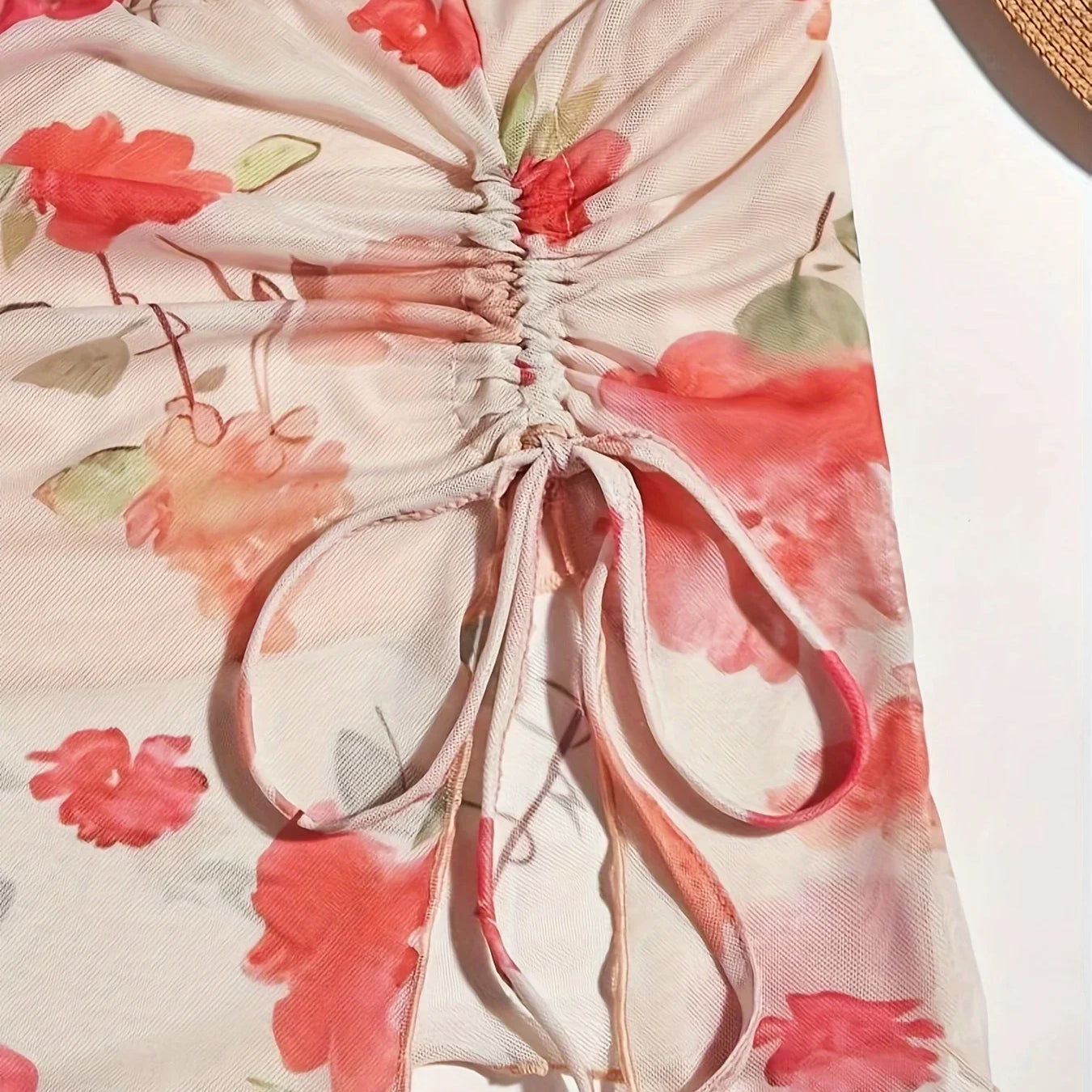 Spring Summer Women's 2 Pieces Mesh Sheer Floral Top-Skirt Set Vacation Wear Breasted Suits Casual Beachwear