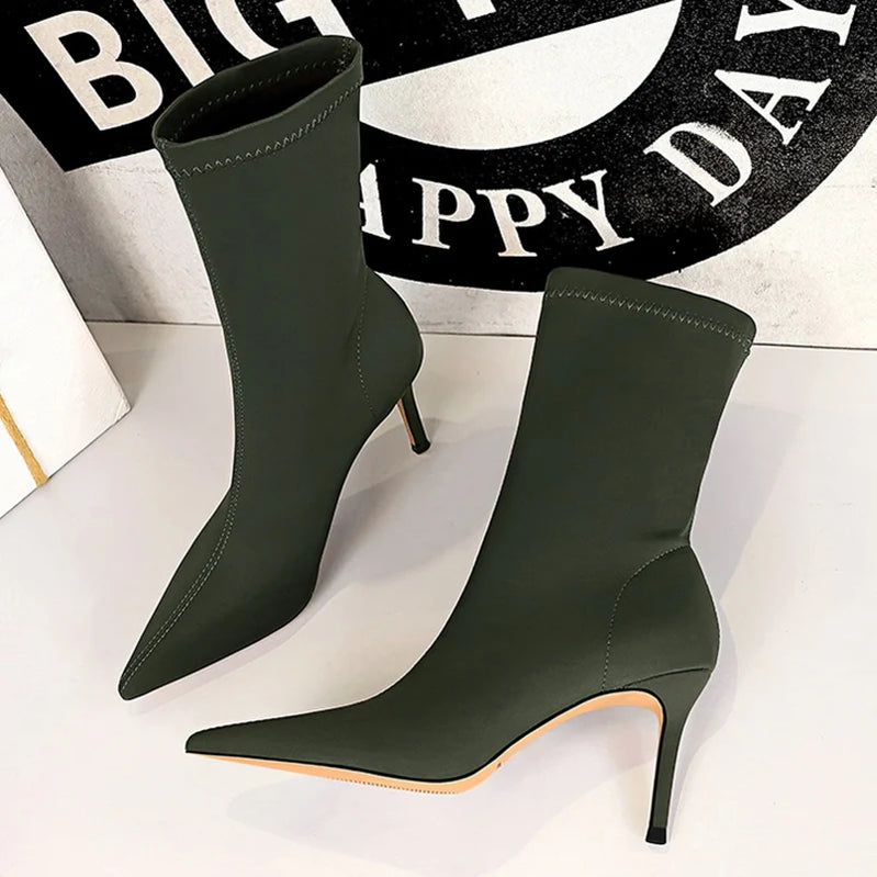 Women 7.5cm 10cm High Heels Silk Sock Boots Green Low Heels Short Ankle Boots Lady Stripper Winter Pointed Toe Satin Sexy Shoes Green-7cm