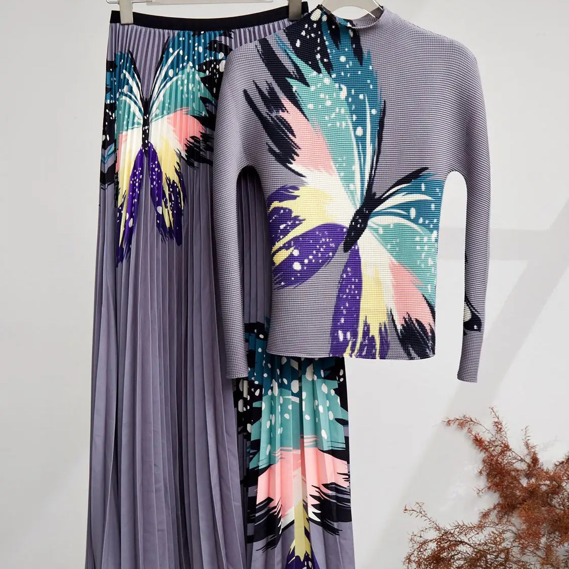 Spring Autumn Runway 2 Pieces Sets Women's Turtleneck Flower Print Stretch Pullover Top＋Long Pleated Skirt Suit Female Outfits