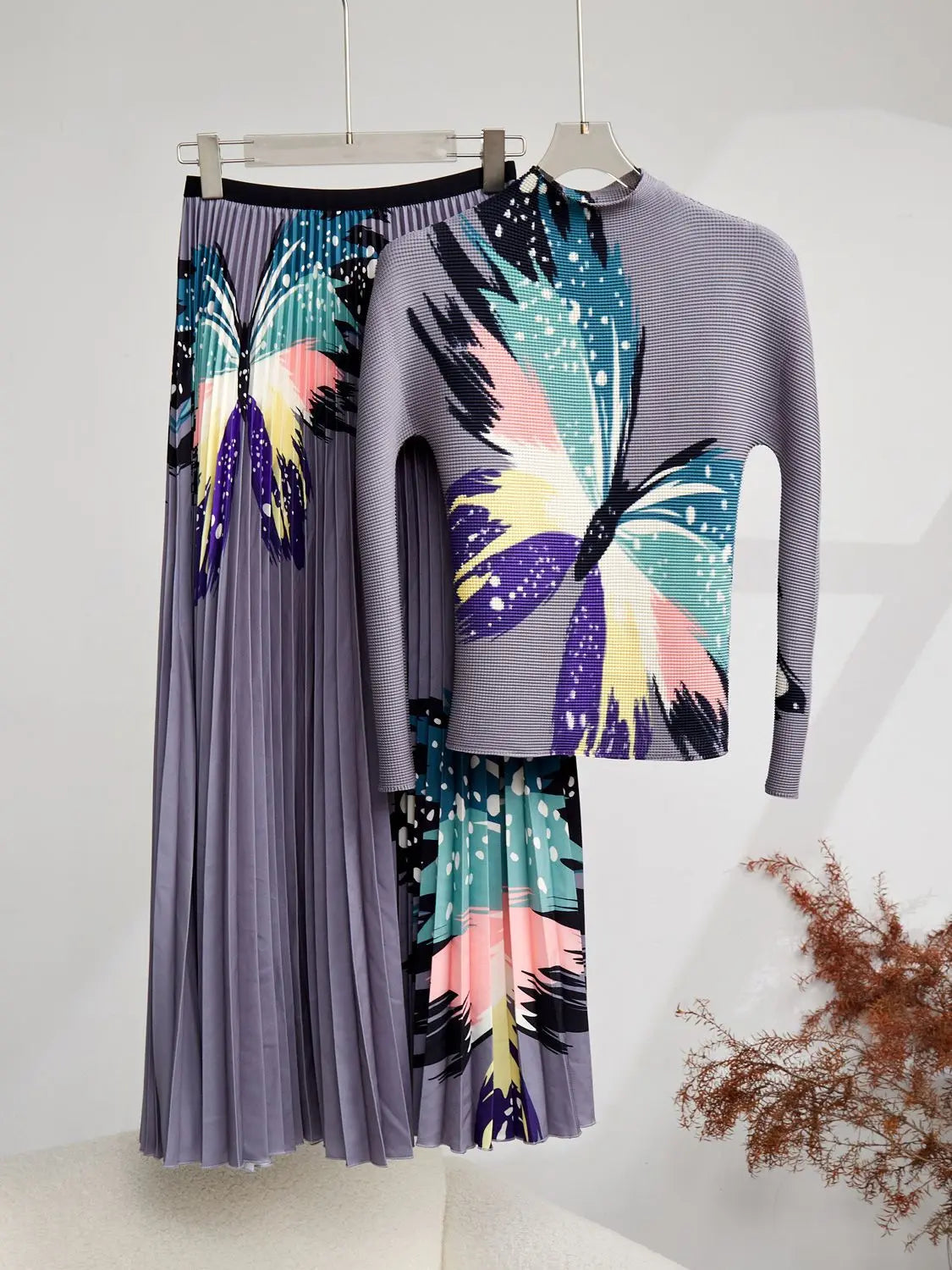 Spring Autumn Runway 2 Pieces Sets Women's Turtleneck Flower Print Stretch Pullover Top＋Long Pleated Skirt Suit Female Outfits