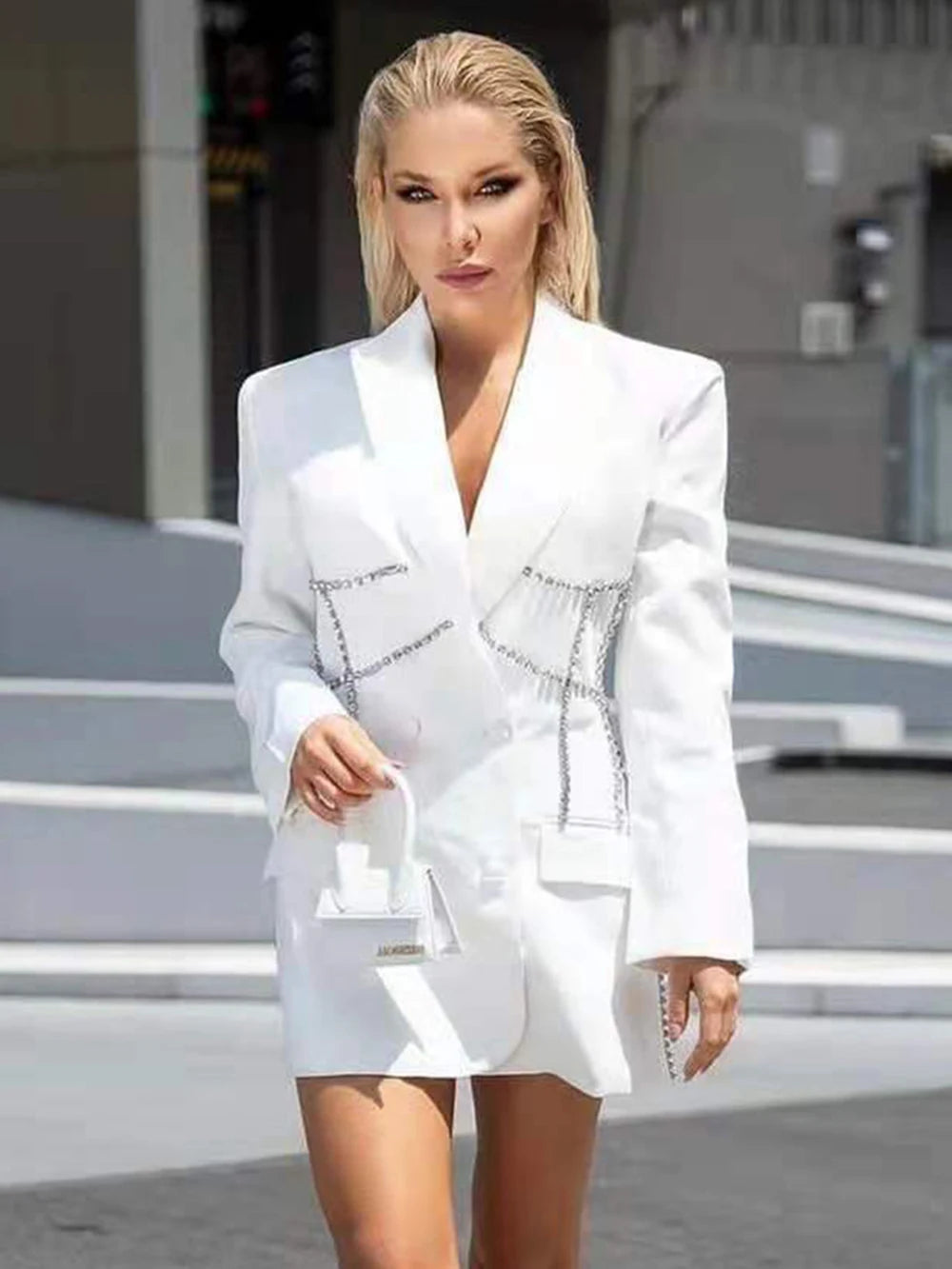 Fashion Trend Jacket Diamond Pattern Lapel Double-breasted Waist Mid-length Blazer Women coat