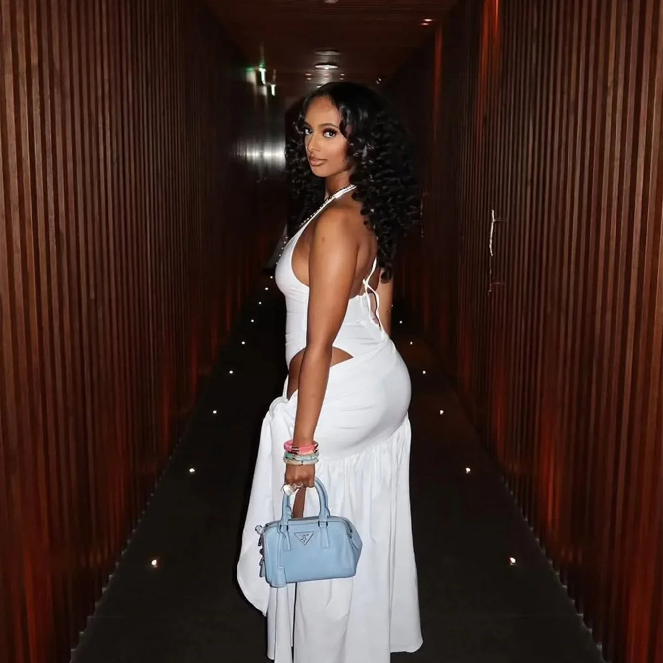 CM.YAYA Summer Women Halter Sleeveless V-Neck Tie Up High Side Split High Waist A-Line Dress Night Club Party Dresses Vestidos