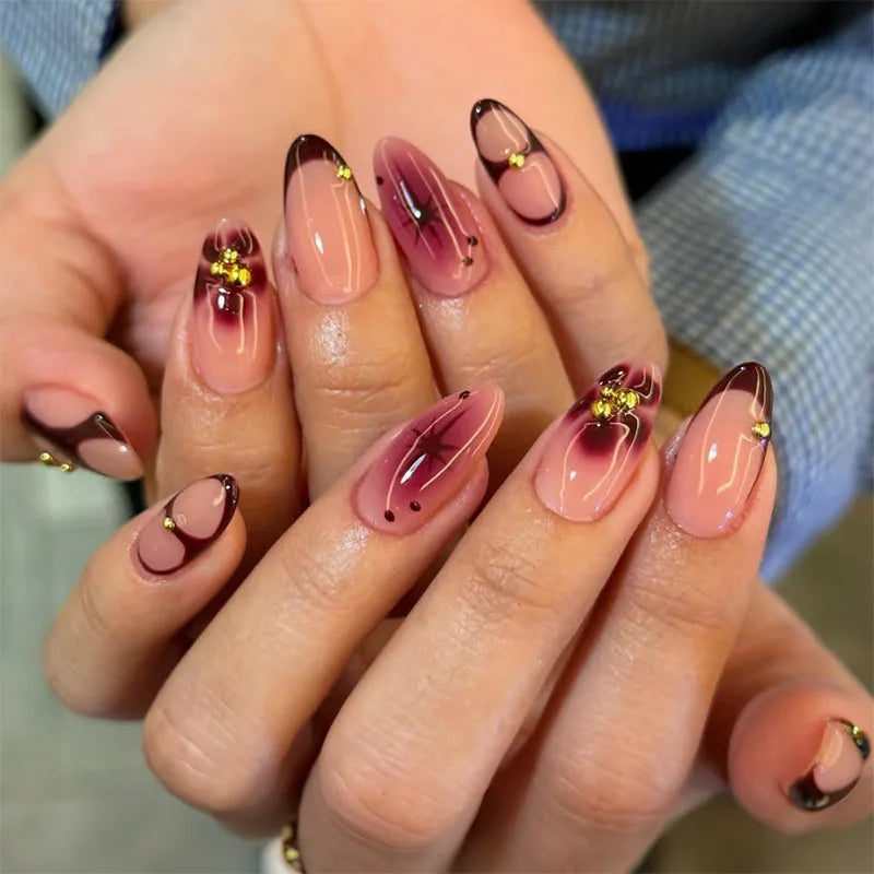 24Pcs Blue Smudge French Fake Nails White Irregular Design Press on False Nails Mid-length Almond Wearable Full Cover Nails Tips