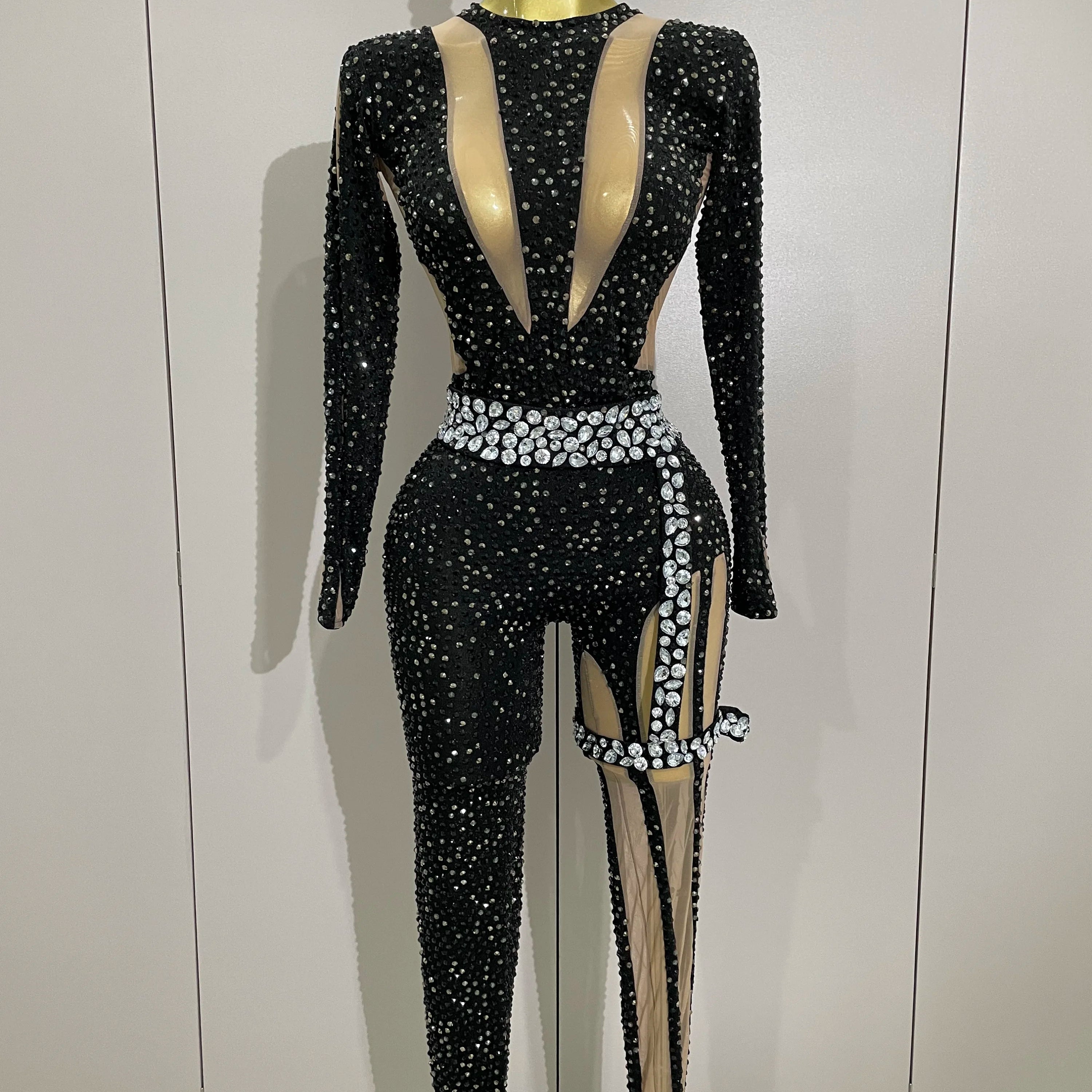 2025Sexy Sparkly Full Diamond Black Perspective Waist Cinching Asymmetrical Mesh Jumpsuit Birthday Party Nightclub Stage Costume