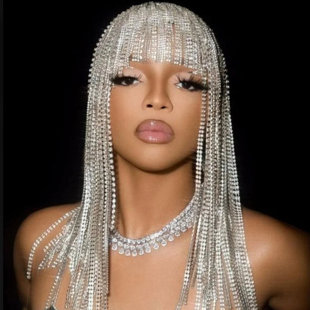 Sexy Stage Costume Rhinestone Chain Wig Headpiece Head Ornament for Women Nightclub Crystal Forehead Headband Hat Cap Jewelry