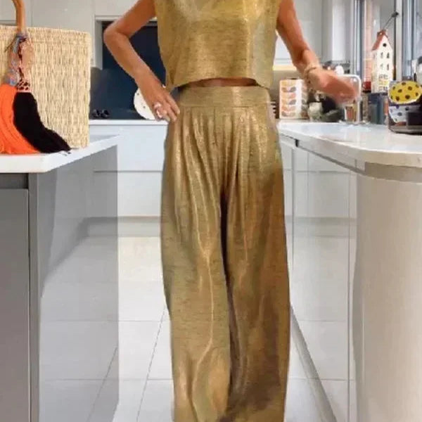 Plus Size Women's 0XL-5XL Summer Casual Sleeveless Fashion Comfortable Women's Glossy Tank Top Wide Leg Pants Two Piece Set