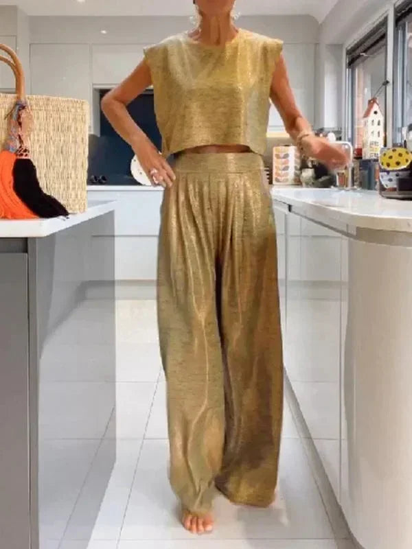Plus Size Women's 0XL-5XL Summer Casual Sleeveless Fashion Comfortable Women's Glossy Tank Top Wide Leg Pants Two Piece Set