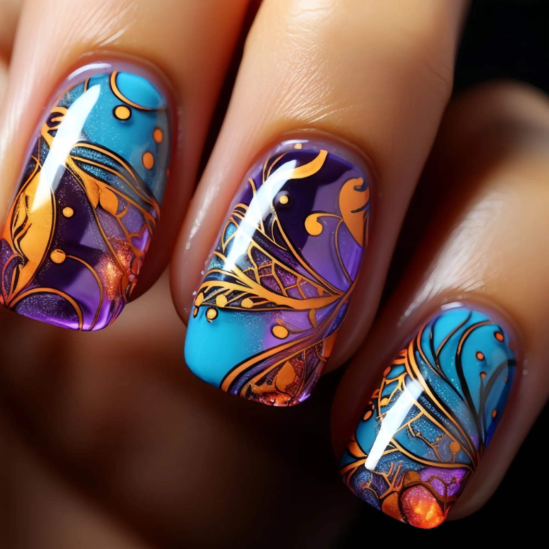 Short middle square ballet fake nails sparkling plant flowers maple leaves gradient Peacock feathers press on false nails set