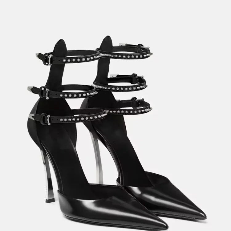 Summer High-end New Metal Stiletto Sandals Fashion Pointy Catwalk Fashion Single Shoes Sexy Nightclub Party Wedding High Heels black